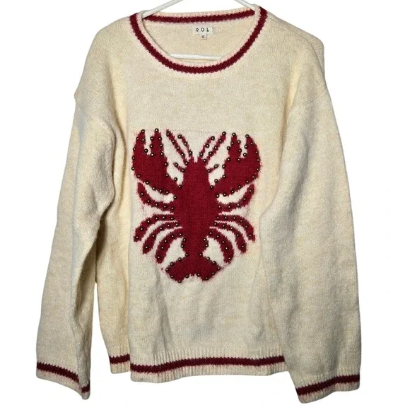POL Womens Lobster Studded Sweater Small Nautical Whimsical Novelty Eclectic - Picture 2 of 10